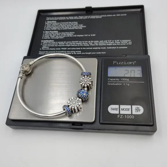 Pandora Sterling 925 Pattern Of Love Bangel Bracelet 5 Charms Clear & Blue CZ